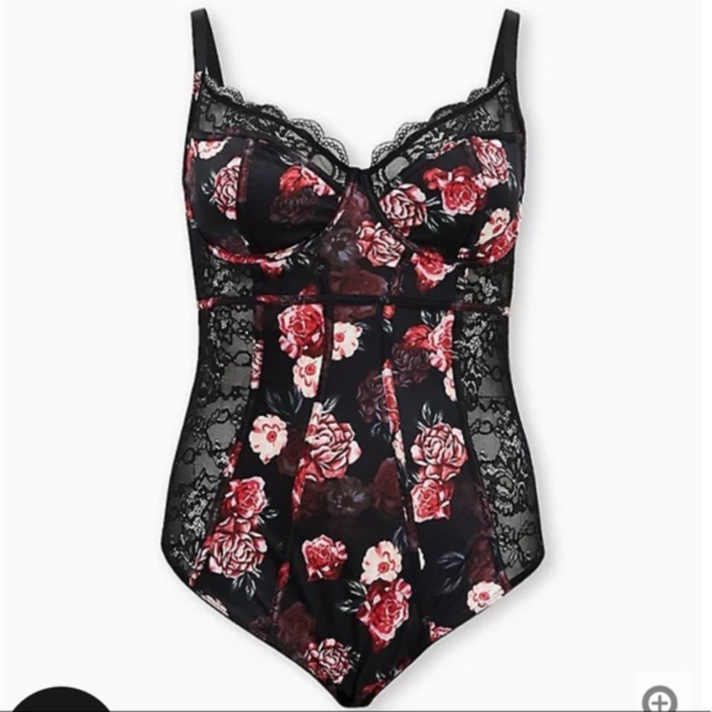 Torrid Black and Red Floral Lace Bodysuit